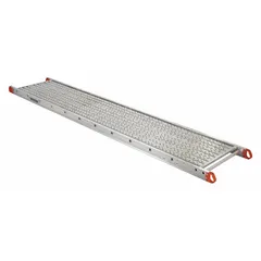 This aluminum platform from the Series P line provides a stable work surface for elevated tasks in construction, maintenance, and industrial settings. The silver deck and frame are made of aluminum. An optional modular handrail system is available for added safety.