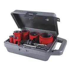 Bi-metal hole saw kit with 5/6 teeth per inch and 1 15/16 in maximum cutting depth. Suitable for cutting wood, metal, and plastic in electrical, plumbing, and HVAC applications.
