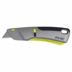 Automatic retracting utility knife with a rubberized metal handle, 7-inch overall length, and 3/4-inch overall width. Features a slide release button and a carbon steel rounded tip. Suitable for cutting tasks in packaging, warehousing, and construction.