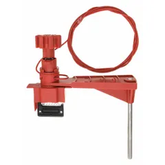 Steel universal valve lockout with an 8 ft cable, designed for valve handles up to 1 in wide. Used to isolate valves during maintenance, preventing accidental operation in industrial lockout/tagout procedures.