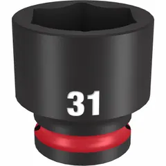 This 1/2" drive impact socket features a 31 mm metric, 6-point design for use with impact wrenches. It is suited for heavy-duty fastening and loosening of hex fasteners in automotive, construction, and industrial applications. The black phosphate finish provides corrosion resistance.