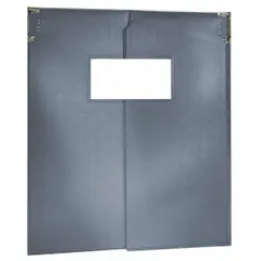 This general purpose swinging door features two PVC doors, each 6 ft wide by 7 ft high, in gray with an included vinyl window. It comes with door seals, bumpers, and mounting hardware, and meets USDA standards. Suitable for separating areas in industrial facilities where traffic flow is required.