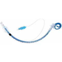 This sterile, disposable endotracheal tube is made of white PVC and features a 10 mm cuffed design. It is used to secure a patient's airway during anesthesia or mechanical ventilation, with the cuff providing a seal to prevent aspiration and air leaks.