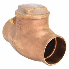 This bronze inline swing check valve features a swing disc mechanism to prevent backflow in piping systems. With a 3-inch pipe size and sweat x sweat connections, it is suited for water, oil, gas, and steam applications where unidirectional flow is required.