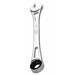 This metric 6-point ratcheting combination wrench features a 17 mm head size and 10-inch overall length. Constructed from alloy steel with a chrome finish, it is suited for general industrial fastening tasks such as tightening or loosening bolts and nuts in machinery assembly, maintenance, and repair.