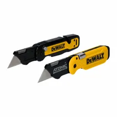 This assisted-opening utility knife features a steel blade and a handle constructed of aluminum and plastic. It includes two blades and is suited for cutting tasks such as opening boxes, trimming drywall, and slicing packaging materials.