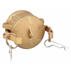 Forged brass dust cap for cam and groove couplings. Seals the coupling end when not in use to protect against dirt and moisture. Rated for 125 psi maximum working pressure at 70°F. Includes a Nitrile gasket. Overall length 3 3/4 inches.