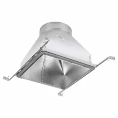 Square to round adapter boot used to transition square ductwork to a round vent pipe in HVAC systems. Made of steel with an 8-inch diameter round opening, 8-inch height, and 12-inch width collar. Steel cap and collar. Manufacturer part number SBS-12128 SRA.