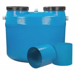 Fiberglass grease interceptor with 50 gpm flow rate. Includes two 20-inch diameter H-20 rated fiberglass bolted and gasketed frames and covers. Overall width 17 1/4 inches, overall diameter 3 inches. Used in commercial kitchens and food service facilities to separate fats, oils, and grease from wastewater.