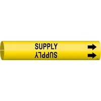 Snap-on pipe marker for identifying supply lines in industrial piping systems. Yellow background with black legend text and directional arrows. Fits pipe outer diameters from 1-1/2 to 2-3/8 inches. Sold as a single marker