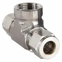 Stainless steel double-ferrule compression tee fitting with 1/2 in OD tube size on all three ports and 1/2 in pipe fitting size. Compatible with Parker A-LOK fittings. Used to branch or combine fluid or gas lines in high-pressure instrumentation, process control, and hydraulic systems