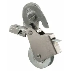 This roller assembly is designed for use in sliding screen doors, providing smooth guidance and support for the door panel. It measures 5 7/16 inches in both overall height and length, with a gray, unfinished finish. Supplied as a single pair (1 PR).
