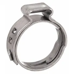 Constant-tension single-ear clamp with tongue-in-groove band type, made from 304 stainless steel. Clamping diameter range 9/16 in to 11/16 in. Maximum closing force 2,800 N. Used to secure tubing in fluid systems where thermal cycling or vibration occurs.