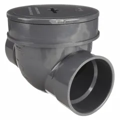 This backwater valve is designed for installation in drainage or sewer lines to prevent sewage backflow during system overloads. It features a 6-inch pipe size with socket connections and is constructed from PVC. Rated for a maximum working pressure of 43 psi (CWP), it does not include an extension kit.