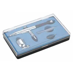 Gravity-feed conventional airbrush kit with 7 mL cup capacity. Operates at 0.3 cfm @ 40 psi air consumption with a maximum working pressure of 50 psi. Includes gravity feed cups with lids. Suitable for precision painting, detailing, and touch-up work.