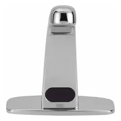 Centerset sensor faucet with cast brass and plastic construction, chrome finish, and 4-inch cover plate. Battery-powered with aerated flow and NPT connections. Suitable for touch-free hand washing in commercial restrooms and public facilities.