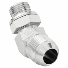 This steel hydraulic hose adapter is a rigid 45° elbow with male JIC and male BSPP connections. It is used to connect JIC male threads to BSPP male threads in hydraulic systems, allowing hose routing in confined spaces. Fitting size is 5/8 in x 1/2 in.