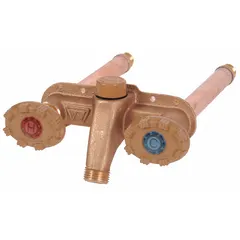 This standard-design sillcock features a brass body with a powder-coated finish and an aluminum handwheel handle. It has a 1/2-inch NPT inlet connection for outdoor water supply in commercial and residential buildings, suitable for garden hoses and general irrigation.