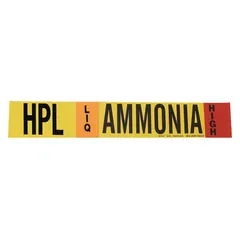 Ammonia adhesive pipe marker for high-pressure liquid (LIQ) service, carrying the IIAR system abbreviation HPL. Fits pipe outer diameter 2-1/2 to 7-7/8 inches. Supplied without arrows. Used to identify ammonia lines in industrial refrigeration systems.