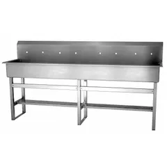 This four-station freestanding wash station is constructed from 16-gauge steel and has a 77-inch bowl length, 8-inch bowl depth, and eight faucet holes. It is designed for commercial handwashing applications in industrial, laboratory, and food-processing environments. Side splash is not included.