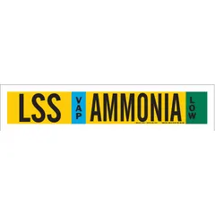 Ammonia adhesive pipe marker for identifying low-pressure vapor lines in industrial refrigeration systems. Type VAP, Low pressure, fits pipe outer diameter 2-1/2 to 7-7/8 inches. IIAR system abbreviation LSS. Supplied without arrows, one marker per unit.