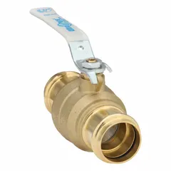 This manual two-way ball valve features a straight, two-piece brass body with press x press connections for fast installation without threading or soldering. The locking lever handle provides secure on/off flow control. Suitable for use in plumbing, HVAC, and water systems.