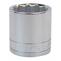 This 1/2" drive hand socket features a 12-point configuration and a 1 3/16 in SAE size. Constructed from chrome, it is suited for tightening or loosening hex fasteners in automotive and mechanical applications.