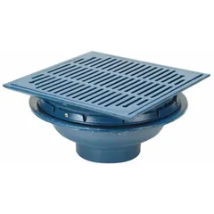 Cast iron floor drain for parking decks, with a 14-inch grate and 4-inch nominal pipe size. Features a Push On connection and gray finish. Includes body only. Designed to collect and remove surface water from concrete parking structures.