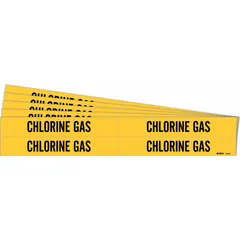 Yellow adhesive pipe markers with black legend reading 'Chlorine Gas'. Each pack contains 4 markers without arrows, fitting pipe outer diameters from 3/4 to 2-3/8 inches. Used for identifying chlorine gas lines in industrial piping systems to meet standard pipe-marking requirements.