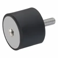 Cylindrical vibration-isolating mount with male x female style connection. Isolator body is natural rubber. Used to reduce transmitted vibration from rotating or reciprocating equipment such as pumps, compressors, and motors