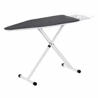 This oversize ironing board in white measures 59 inches in length and 19 inches in width, providing a large surface for pressing garments. It includes a cover pad and is suitable for commercial laundry and tailoring applications