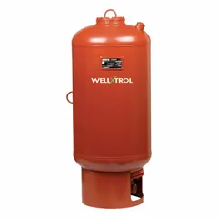 Vertical steel well water tank with 158-gallon capacity, precharged to 25 psi. ASME Section VIII Division 1 rated for commercial, municipal, and industrial water supply systems to maintain pressure and reduce pump cycling. No pump stand included.