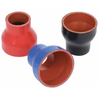 Blue silicone heater hose reducer with 2 in to 2 1/2 in inside diameter, 3 in length. Constructed from silicone tube and cover materials, rated for -65° to 350°F. Used to connect different-diameter hoses in cooling systems