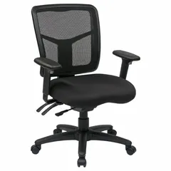 Adjustable-arm office chair with height, left, and right slide adjustments. Upholstered in black fabric and mesh. Suitable for use in office or workstation environments where ergonomic arm positioning is required.