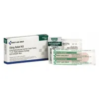This unitized kit provides sting and bite relief for one person. It contains an insect sting relief wipe and a bandage. The kit is latex free and OSHA compliant, but not ANSI compliant. Suitable for workplace or personal first aid kits where a compact sting-relief solution is needed