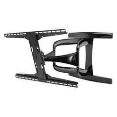 This fixed television mount is designed for ceiling installation, accommodating screens from 42 to 90 inches with a maximum load of 300 lb. Constructed from steel with a black fused epoxy finish, it includes mounting hardware for secure attachment. Suitable for commercial or home settings requiring a low-profile ceiling mount.