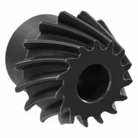 Spiral bevel gear with left-hand spiral teeth, module m 2, 15 teeth, and gear ratio 3. Made of black oxide-coated steel with induction-hardened teeth. Used for power transmission between intersecting shafts at a right angle, providing smooth and quiet operation in industrial machinery and drive systems