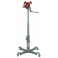 The GRAY HTJ-1000 is a 0.5 ton capacity air-powered transmission jack with a steel frame and pneumatic lifting actuator. It secures loads with a nylon strap, suitable for lifting and positioning transmissions during removal or installation in automotive and equipment maintenance settings