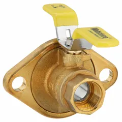 Brass straight full port ball valve with 3/4" FIP x flange connections and tee handle. Used for on/off flow control in industrial piping systems handling water, oil, or gas. Full port design minimizes pressure drop.