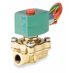 This 2-way, 2-position normally closed solenoid valve is designed for high-temperature applications. It features a 3/4 in pipe size, operates on 120V AC (110V AC), and includes a watertight coil enclosure. Suitable for controlling flow in systems requiring reliable shut-off under elevated temperatures.