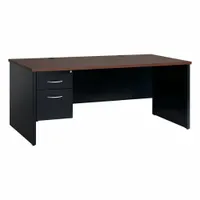 This single pedestal desk features a walnut melamine laminate desktop with a particleboard core, supported by a black steel frame. It includes one pedestal with two drawers and a modesty panel, providing a compact workstation for administrative tasks and document storage