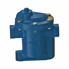 Cast iron inverted-bucket steam trap for horizontal in-line installation. Features 1 1/2-inch FNPT connections, maximum capacity of 10,000 lb/hr, and rated for 15 psi and 450°F. Strainer not included. Used in steam systems to drain condensate from process heating, heat exchangers, and steam mains.
