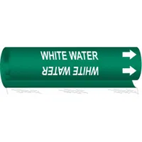 Green pipe marker with white legend text reading 'White Water' and directional arrows. Fits pipe outer diameters from 1/2 to 1-3/8 in. Supplied as a single wrap-around marker for identifying white water piping systems in industrial facilities