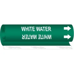 Green pipe marker with white legend text reading 'White Water' and directional arrows. Fits pipe outer diameters from 1/2 to 1-3/8 in. Supplied as a single wrap-around marker for identifying white water piping systems in industrial facilities.