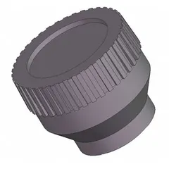 Knurled knob with threaded hole, plastic body with steel thread insert. #10-24 thread size, 0.75 in diameter. Used for manual adjustment, clamping, or positioning on machinery and equipment.