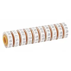 Replacement roll for wire marker dispensers, featuring black legends on white polyester film. Each 10-pack contains 5,760 labels with legend 20 to 29. Used for identifying wires, cables, and terminals in electrical panels and control systems.