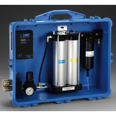 Battery-operated filtration panel for supplied-air respirators, supporting up to four users. Rated for 125 psi maximum pressure and 50 cfm air flow. Includes a gauge for monitoring line pressure. Suitable for use in environments requiring portable respiratory protection.