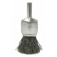 Crimped stainless steel fill brush for light cleaning of stainless steel surfaces. 3/4 in diameter with 0.014 in fill diameter and 1/4 in shank. Used for weld cleaning, deburring, and surface preparation in metal fabrication and maintenance