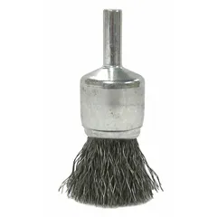 Crimped stainless steel fill brush for light cleaning of stainless steel surfaces. 3/4 in diameter with 0.014 in fill diameter and 1/4 in shank. Used for weld cleaning, deburring, and surface preparation in metal fabrication and maintenance.