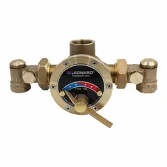 This thermostatic mixing valve blends hot and cold water to maintain a consistent outlet temperature within 65°F to 180°F. It features a 1 1/4 in NPT inlet connection and includes integral check-stops. Suitable for point-of-source applications in commercial and institutional settings to control water temperature at fixtures.
